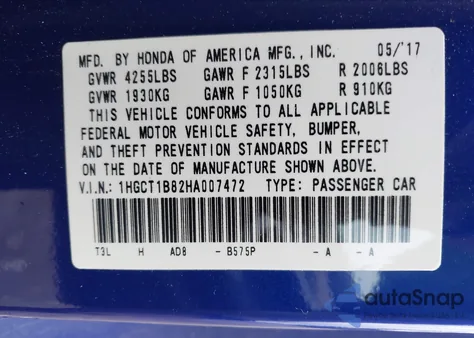 2017 Honda Accord Ex-L from USA, damaged, VIN 1HGCT1B82HA007472